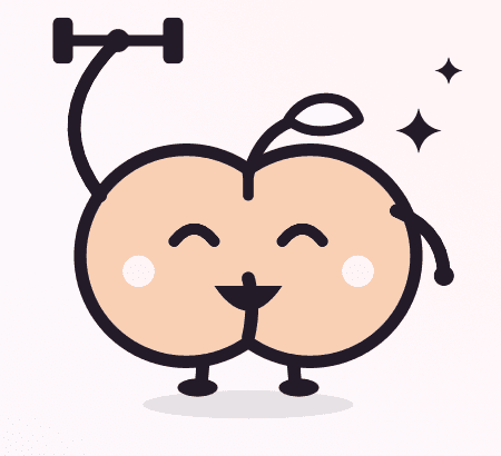 Peach, Flex's mascot: a small peach with a leaf, a sweatband and a dumbbell