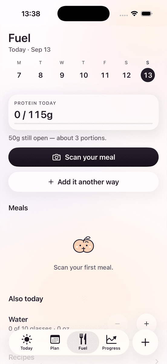 Flex's Fuel tab: protein for the day and the scan button