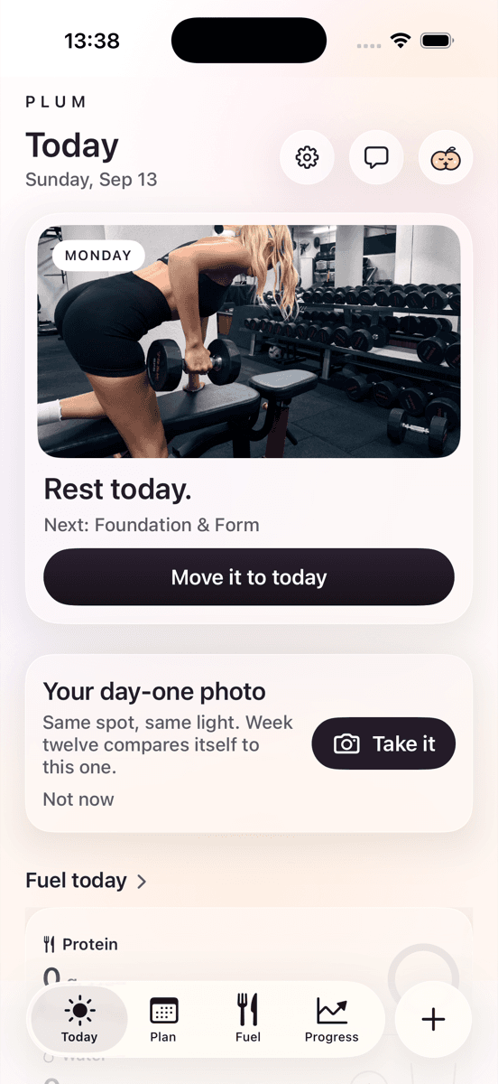 Flex's Today screen: the next session, the day-one photo, and protein for the day