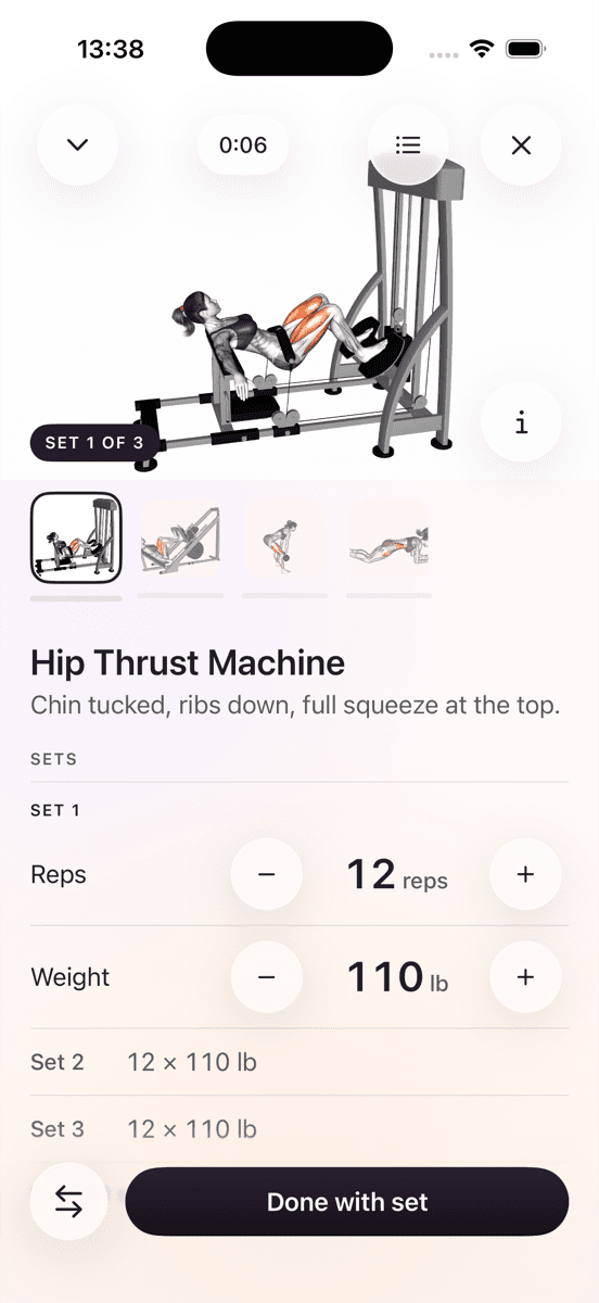 A hip thrust set in Flex: reps, weight and the form cue